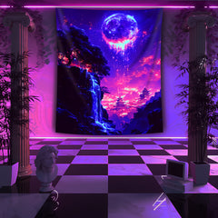 Simpkeely Dreamy Moon Cliff Waterfall UV Black Light Tapestry, Large Size Peach Skin Fluorescent Tapestry, Bedroom Aesthetic Hanging Tapestry for Party Festival, Bedroom Office Living Room Home Decor, Wall Decoration