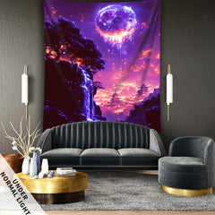 Simpkeely Dreamy Moon Cliff Waterfall UV Black Light Tapestry, Large Size Peach Skin Fluorescent Tapestry, Bedroom Aesthetic Hanging Tapestry for Party Festival, Bedroom Office Living Room Home Decor, Wall Decoration