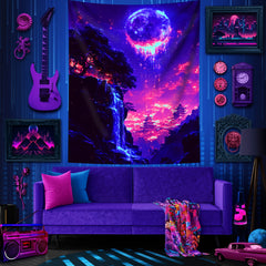 Simpkeely Dreamy Moon Cliff Waterfall UV Black Light Tapestry, Large Size Peach Skin Fluorescent Tapestry, Bedroom Aesthetic Hanging Tapestry for Party Festival, Bedroom Office Living Room Home Decor, Wall Decoration