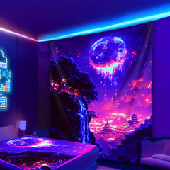 Simpkeely Dreamy Moon Cliff Waterfall UV Black Light Tapestry, Large Size Peach Skin Fluorescent Tapestry, Bedroom Aesthetic Hanging Tapestry for Party Festival, Bedroom Office Living Room Home Decor, Wall Decoration