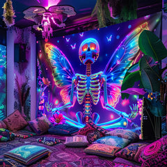 Simpkeely Fun Skull Wings, Flower Butterfly UV Black Light Tapestry, Large Size Peach Skin Fluorescent Tapestry, Bedroom Aesthetic Hanging Tapestry for Party Festival, Bedroom Office Living Room Home Decor, Wall Decoration