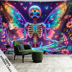 Simpkeely Fun Skull Wings, Flower Butterfly UV Black Light Tapestry, Large Size Peach Skin Fluorescent Tapestry, Bedroom Aesthetic Hanging Tapestry for Party Festival, Bedroom Office Living Room Home Decor, Wall Decoration