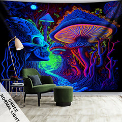 Simpkeely Terrifying Skull Mushroom UV Black Light Tapestry, Large Size Peach Skin Fluorescent Tapestry, Bedroom Aesthetic Hanging Tapestry For Party Festival, Bedroom Office Living Room Home Decor, Wall Decoration