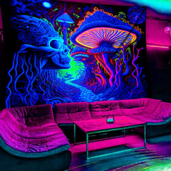 Simpkeely Terrifying Skull Mushroom UV Black Light Tapestry, Large Size Peach Skin Fluorescent Tapestry, Bedroom Aesthetic Hanging Tapestry For Party Festival, Bedroom Office Living Room Home Decor, Wall Decoration