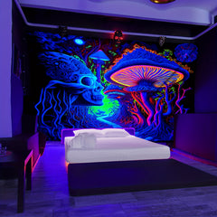 Simpkeely Terrifying Skull Mushroom UV Black Light Tapestry, Large Size Peach Skin Fluorescent Tapestry, Bedroom Aesthetic Hanging Tapestry For Party Festival, Bedroom Office Living Room Home Decor, Wall Decoration