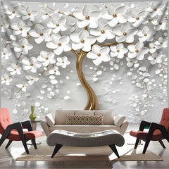 Simpkeely 3D Stereoscopic White Tree Of Life Landscape Photo Background Cloth Wall Hanging Large Size Polyester Tapestry For Living Room Bedroom Office Home Room Party Decoration Live Streaming Background Tapestry With Free Hanging Clips