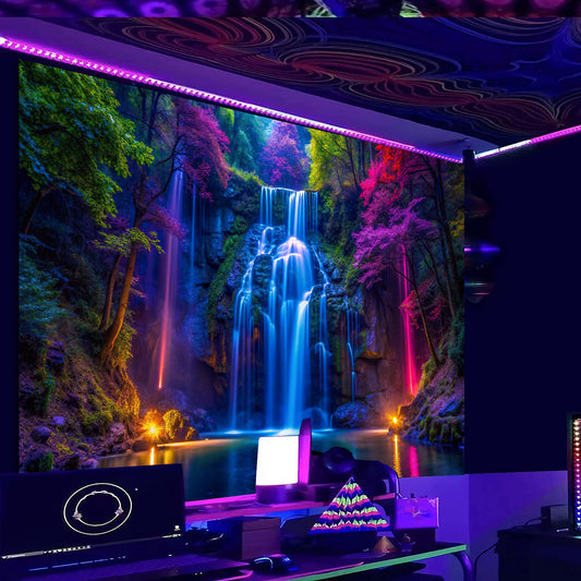 UV blacklight waterfall tapestry hanging above bed in cozy bedroom, neon glow wall art