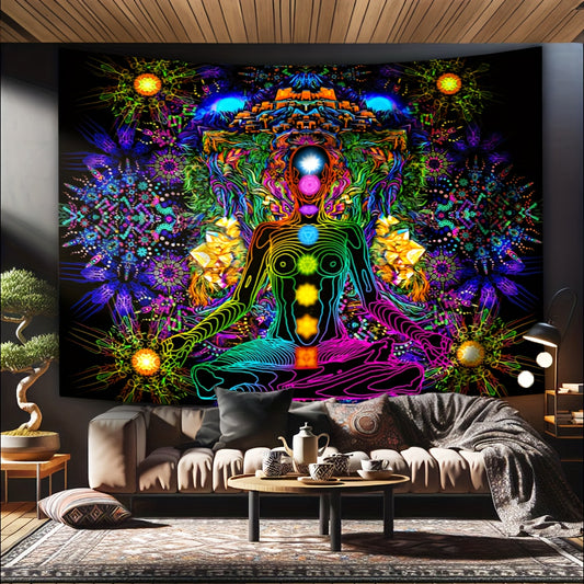 Simpkeely Meditation Relaxed Blacklight Tapestry, Large Size Fluorescent Tapestry, Chakela UV Reactive Peach Skin Velvet Tapestry, Room Decor Aesthetic Wall Hanging For Living Room Bedroom Dorm Room Home Decor, With Free Installation Accessories