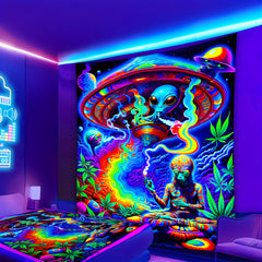 Simpkeely Alien Smoking UFO Glow In UV Light Tapestry, Large Size Peach Skin Fluorescent Tapestry, Bedroom Aesthetic Hanging Tapestry For Bedroom Office Living Room Home Decor, With Free Accessories