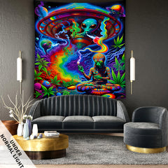 Simpkeely Alien Smoking UFO Glow In UV Light Tapestry, Large Size Peach Skin Fluorescent Tapestry, Bedroom Aesthetic Hanging Tapestry For Bedroom Office Living Room Home Decor, With Free Accessories