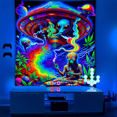 Simpkeely Alien Smoking UFO Glow In UV Light Tapestry, Large Size Peach Skin Fluorescent Tapestry, Bedroom Aesthetic Hanging Tapestry For Bedroom Office Living Room Home Decor, With Free Accessories