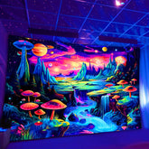 Simpkeely Mushroom Forest Plants Fluorescent Tapestry, Large Size Starry Landscape Colorful Aesthetics Polyster UV BlackLight Tapestry, Wall Hanging For Living Room Bedroom Office Home Decor/Room Decor/Party Decor, Holiday Gift