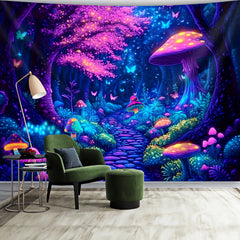 Simpkeely Jungle Mushroom UV Black Light Tapestry, Large Size Peach Skin Fluorescent Tapestry, Bedroom Aesthetic Hanging Tapestry for Party Festival, Bedroom Office Living Room Home Decor, Wall Decoration