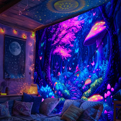 Simpkeely Jungle Mushroom UV Black Light Tapestry, Large Size Peach Skin Fluorescent Tapestry, Bedroom Aesthetic Hanging Tapestry for Party Festival, Bedroom Office Living Room Home Decor, Wall Decoration