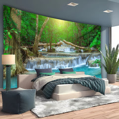 Simpkeely Forest Waterfall Flowing Water Landscape Photo Background Cloth Wall Hanging Large Size Polyester Tapestry For Living Room Bedroom Office Home Room Party Decoration Live Streaming Background Tapestry With Free Hanging Clips