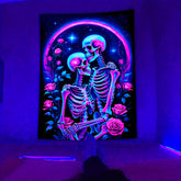 Simpkeely Hippie Couple Skull Fluorescent Tapestry, Romantic Love Background Colorful Aesthetics Polyster UV BlackLight Tapestry, Wall Hanging For Living Room Bedroom Office Home Decor/Room Decor/Party Deco, Holiday Gift With Free Installation Package