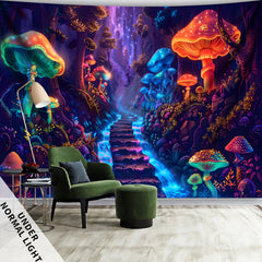 Simpkeely Fantasy Mushroom Forest UV Reactive Tapestry, Large Peach Skin Velvet Wall Hanging with Black Light Fluorescence, Indoor Graphic Decor for Living Room Bedroom Office