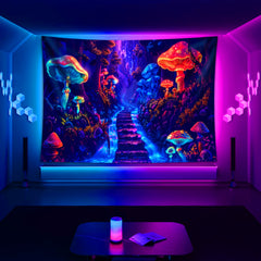 Simpkeely Fantasy Mushroom Forest UV Reactive Tapestry, Large Peach Skin Velvet Wall Hanging with Black Light Fluorescence, Indoor Graphic Decor for Living Room Bedroom Office