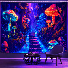 Simpkeely Fantasy Mushroom Forest UV Reactive Tapestry, Large Peach Skin Velvet Wall Hanging with Black Light Fluorescence, Indoor Graphic Decor for Living Room Bedroom Office