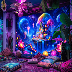 Simpkeely Large Peach Skin Enchanting Magic Castle Fluorescent Tapestry - Easy-Hang Wall Art for Bedroom & Living Room Decor