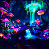 Simpkeely Mushroom Forest Fluorescent Tapestry, Large Size Waterfall UV BlackLight Tapestry, Live Broadcast background Wall Hanging For Living Room Bedroom Office Home Decor/Room Decor/Party Deco, With Free Installation Package