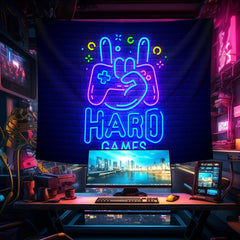 Simpkeely E-Sports Neon Gaming Tapestry, UV Reactive Fluorescent Game Controller Wall Hanging, Fantasy Themed Graphic Decor, Woven Peach Skin Velvet Fabric, Polyester, with No Power Needed, for Bedroom, Living Room, Home Office