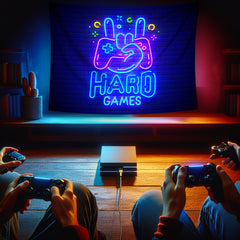 Simpkeely E-Sports Neon Gaming Tapestry, UV Reactive Fluorescent Game Controller Wall Hanging, Fantasy Themed Graphic Decor, Woven Peach Skin Velvet Fabric, Polyester, with No Power Needed, for Bedroom, Living Room, Home Office