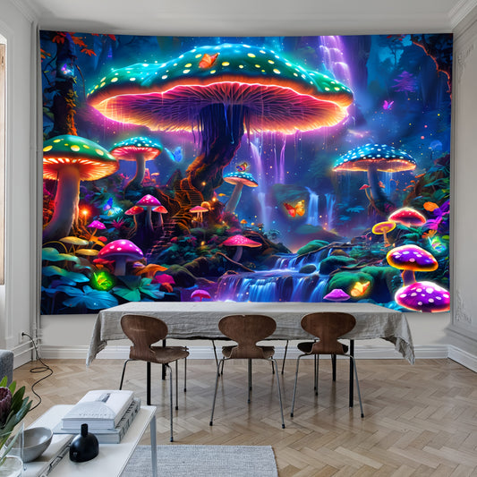 Simpkeely Mushroom Forest Fluorescent Tapestry, Waterfall UV BlackLight Tapestry, Live Broadcast background Wall Hanging For Living Room Bedroom Office Home Decor/Room Decor/Party Deco, With Free Installation Package
