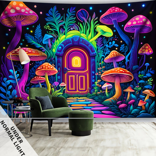 Simpkeely Mysterious Entrance Passage Of Mushroom Forest UV Black Light Tapestry, Large Size Peach Skin Fluorescent Tapestry, Bedroom Aesthetic Hanging Tapestry for Bedroom Office Living Room Home Decor, with Free Accessories