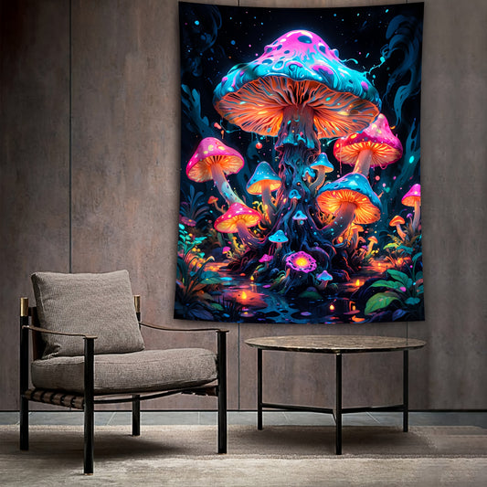 Simpkeely Vibrant Mushroom Cluster UV Black Light Tapestry - Large Fluorescent Wall Hanging with Glowing Colors, Magical Fantasy Theme, Perfect for Bedroom, Living Room, or Office Decor, Includes Free Accessories, Mushroom Decor