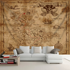 Simpkeely Large Pirate Treasure Map Polyester Tapestry - Vibrant Photo Background Wall Hanging for Living Room, Bedroom, Office, and Home Decor - Includes Free Hanging Clips for Easy Installation