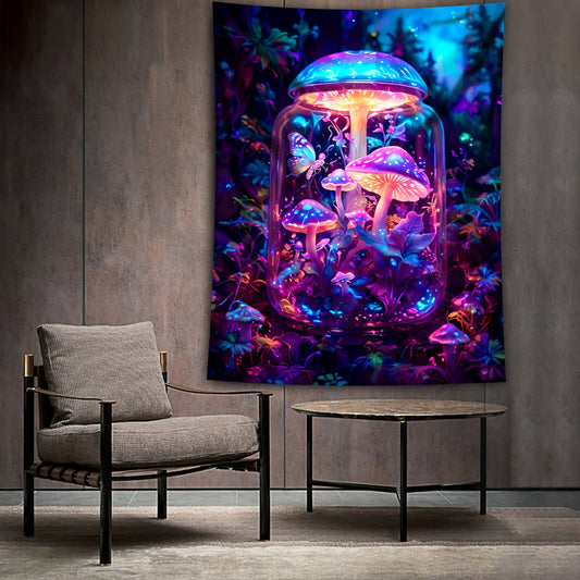 Simpkeely Fantasy Mushroom Bottle Butterfly UV Black Light Tapestry, Large Polyester Woven Wall Hanging for Bedroom, Indoor Portrait Orientation, No Electricity Needed, Aesthetic Home Decor with Free Accessories, Bedroom Wall Decor