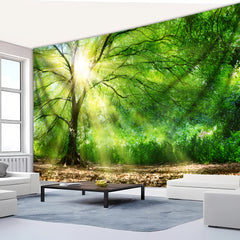 Simpkeely Sunlight Forest Tree Tapestry β Green Nature Wall Hanging Mural with Glowing Sun Rays Through Canopy, Tranquil Woodland Landscape Art for Bedroom & Living Room