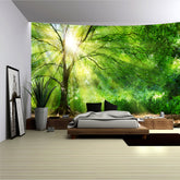 Simpkeely Sunlight Forest Tree Tapestry – Green Nature Wall Hanging Mural with Glowing Sun Rays Through Canopy, Tranquil Woodland Landscape Art for Bedroom & Living Room