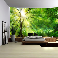 Simpkeely Sunlight Forest Tree Tapestry β Green Nature Wall Hanging Mural with Glowing Sun Rays Through Canopy, Tranquil Woodland Landscape Art for Bedroom & Living Room