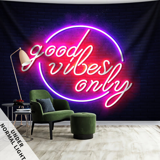 Simpkeely Good Vibes Only UV Black Light Tapestry - Large Fluorescent Wall Hanging with Neon Lettering, Peach Skin Fabric, Indoor Decor for Bedroom, Living Room, or Office, Includes Free Accessories, Party Decoration