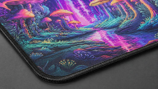 mouse pad surface showing material texture under normal light. Emphasize fabric weave, stitching, and print clarity. 
