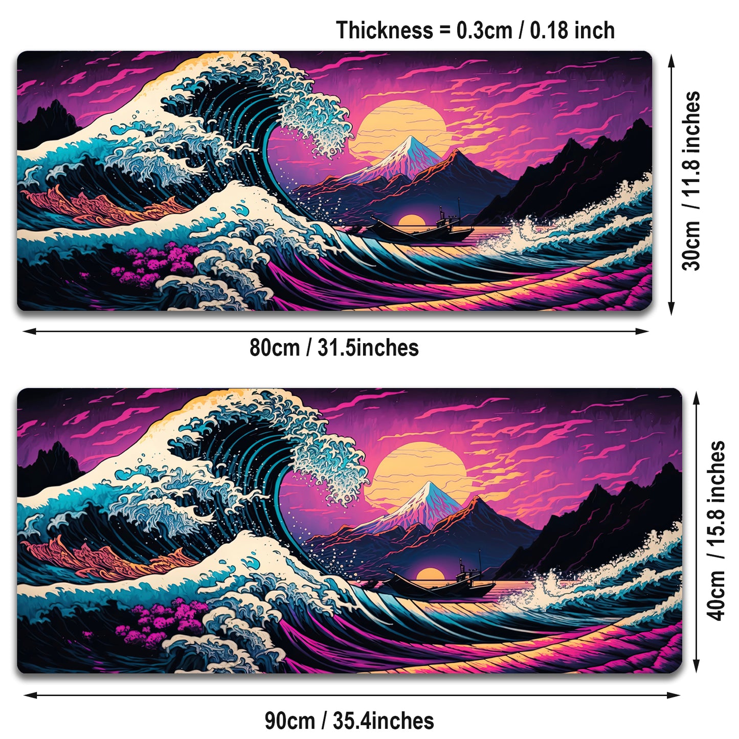 Simpkeely Large Japanese Sea Wave Gaming Mouse Pad - Blacklight Kanagawa Waterproof Desk Mat, Extended Non-Slip Rubber Base, Office & Home Computer Keyboard Pad