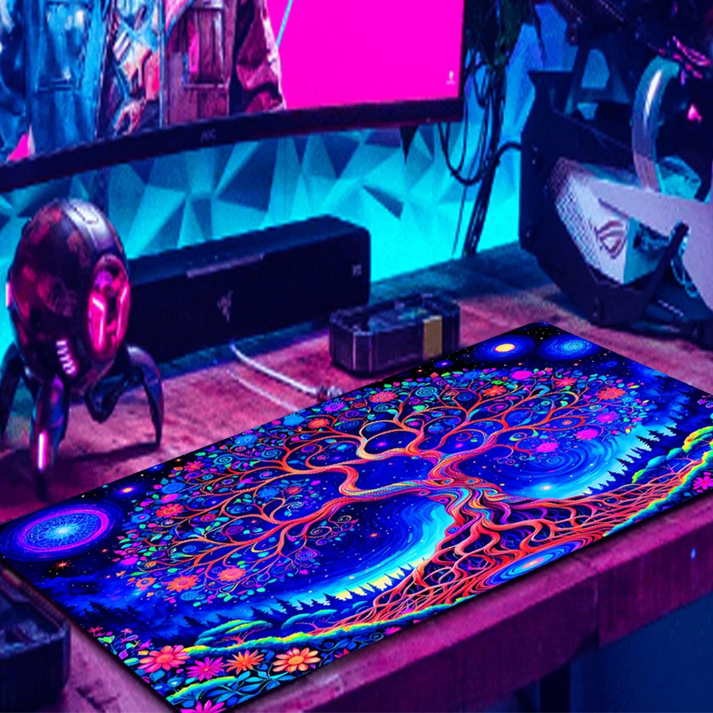 Simpkeely Vibrant Tree of Life Mouse Pad, Blacklight Gaming Extended Large Desk Pad, UV Reactive Long Computer Keyboard Big Mouse Mat with 3mm Non-Slip Rubber Base for Office Home