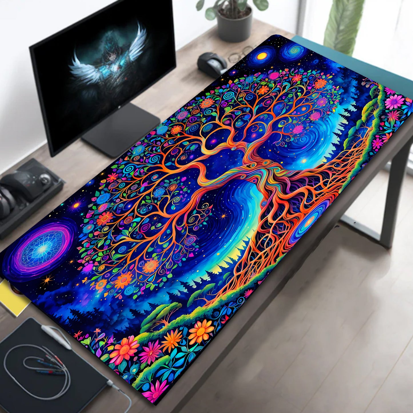 Simpkeely Vibrant Tree of Life Mouse Pad, Blacklight Gaming Extended Large Desk Pad, UV Reactive Long Computer Keyboard Big Mouse Mat with 3mm Non-Slip Rubber Base for Office Home