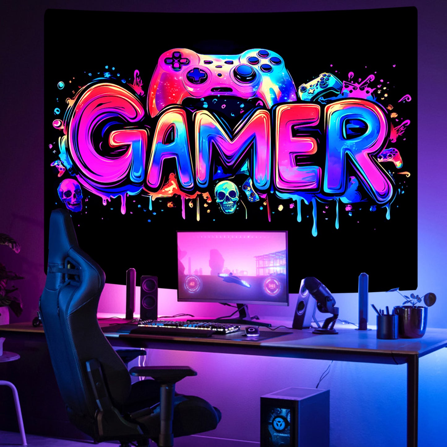 Simpkeely Gamer Gaming Tapestry, Blacklight Game Controller Horror Skull Wall Hanging, UV Reactive Skeleton Glow in the Dark Wall Decor for Bedroom, Living Room
