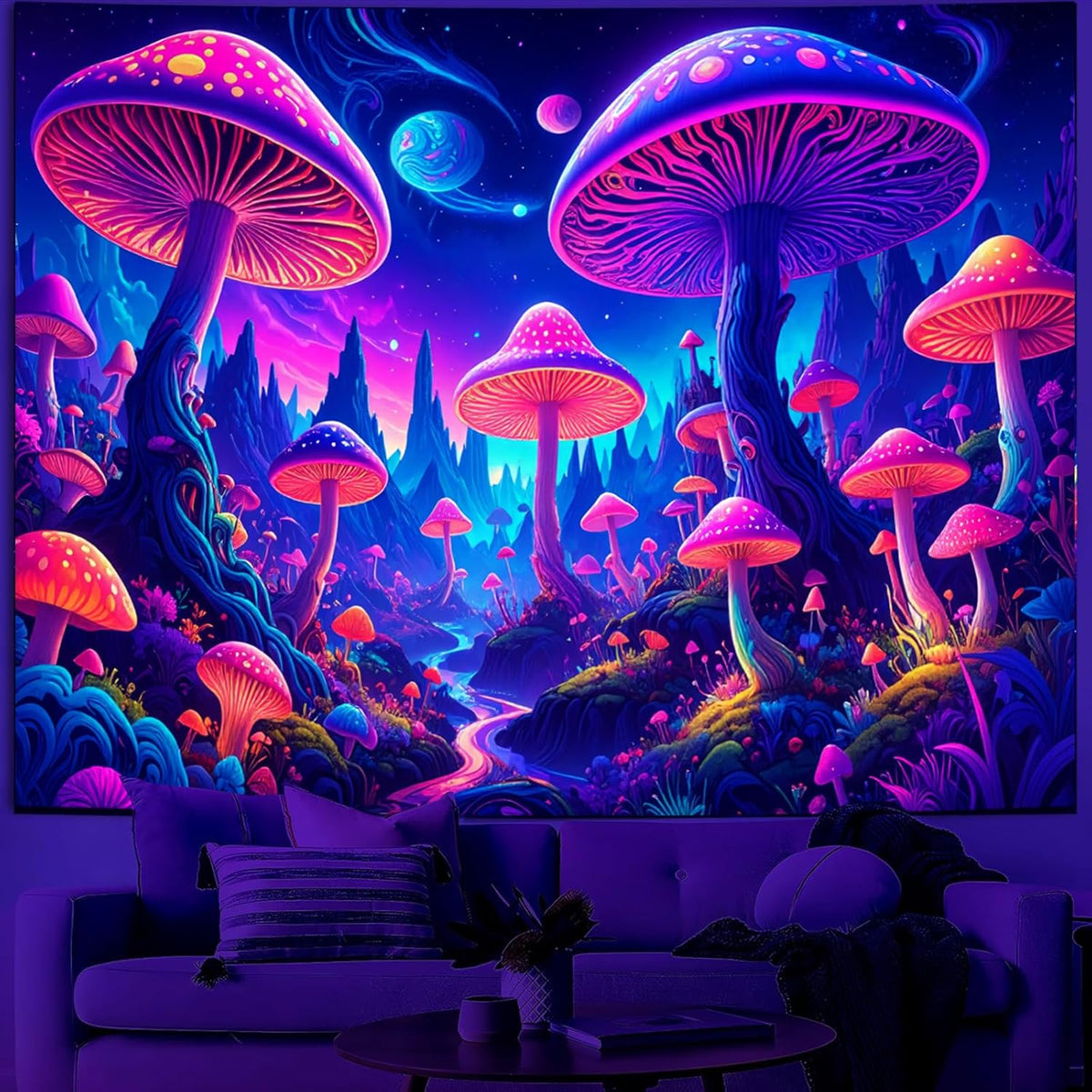 Simpkeely Blacklight Fantasy Mushroom Forest Tapestry – UV Reactive Glow in the Dark Galaxy Mushroom Art Decor Wall Hanging Tapestries for Bedroom, Living Room, Party
