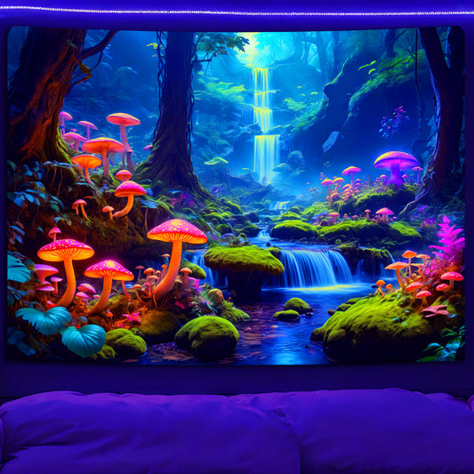 Simpkeely Magical Blacklight Forest Tapestry - UV Reactive Neon Mushroom Waterfall Fairy Landscape Glow in the Dark Wall Art for Bedroom, Dorm Decor