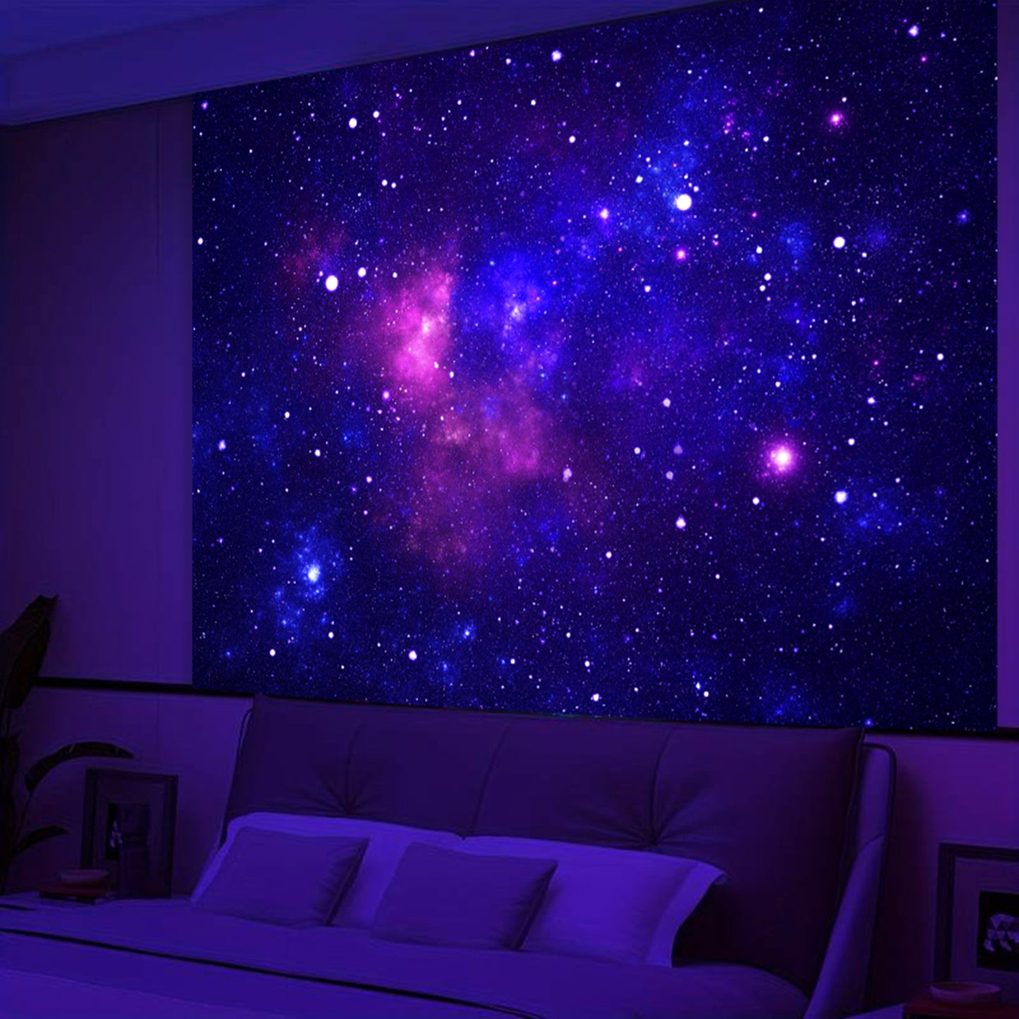 Simpkeely Blacklight Galaxy Tapestry, Blue Space Starry Sky Night Universe Wall Hanging, UV Reactive Glow in the Dark Purple Party Backdrop Aesthetic Tapestry for Bedroom