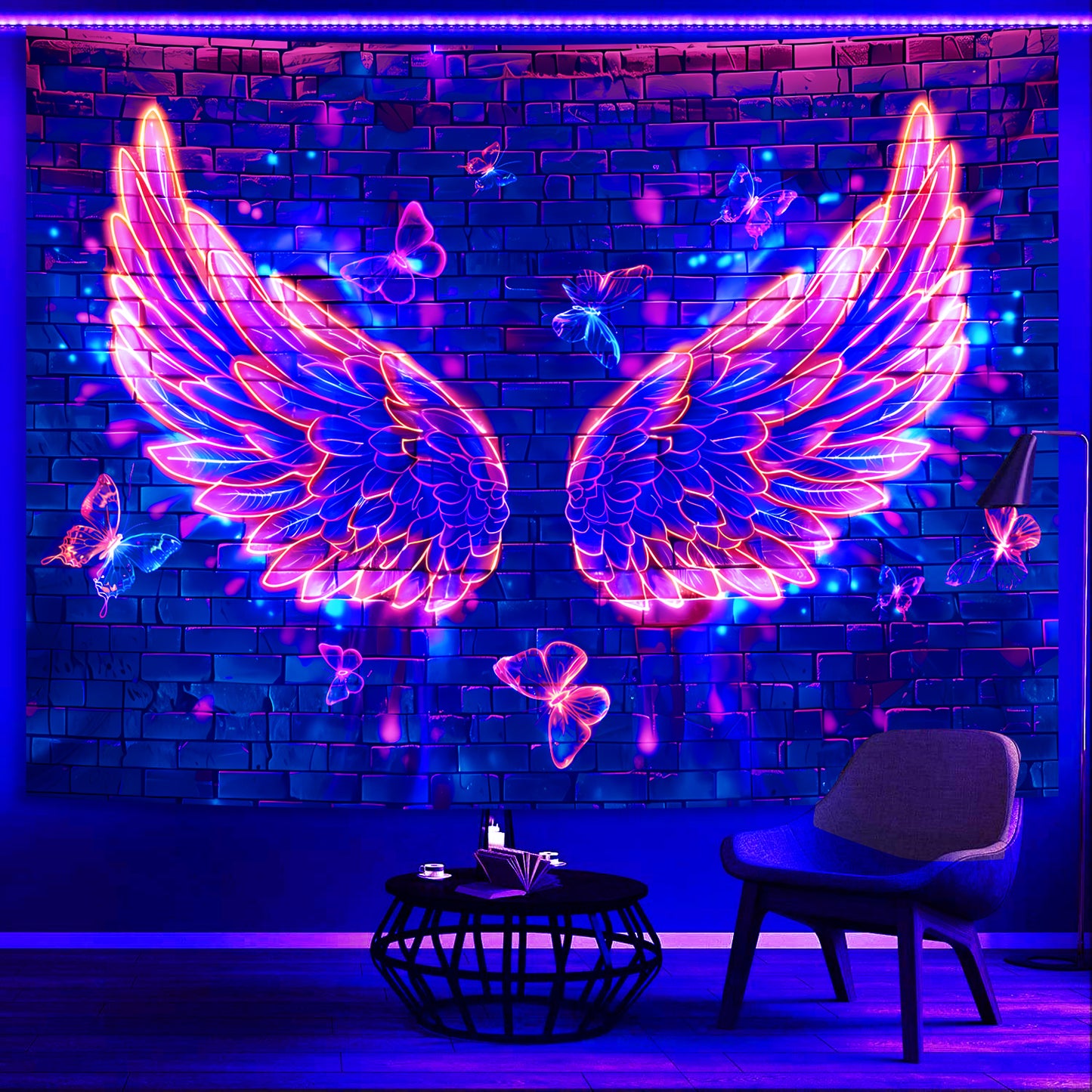 Simpkeely Blacklight Angel Wings Tapestry - UV Reactive Neon Butterfly Aesthetic Wall Art Decor for Bedroom, Living Room