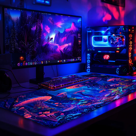 Simpkeely Large Fantasy Mushroom Gaming Mouse Pad - Blacklight Forest Desk Mat, Glowing Waterproof Extended Non-Slip Rubber Base, Office & Home Keyboard Pad