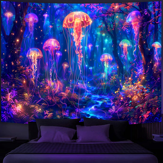 Simpkeely Blacklight Jellyfish Forest Tapestry, UV Reactive Fantasy Vibrant Neon Art Decor, Glow in the Dark Aquatic Life Wall Hanging Tapestries for Bedroom, Living Room