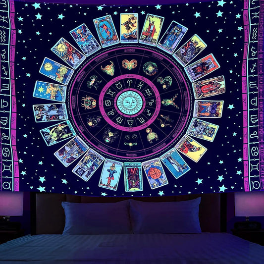 Simpkeely Blacklight Astrology Tarot Tapestry, Wheel of The Zodiac Spiritual Tapestries, UV Reactive Stars Constellation Decoration Wall Hanging Neon Tapestry for Bedroom Aesthetic