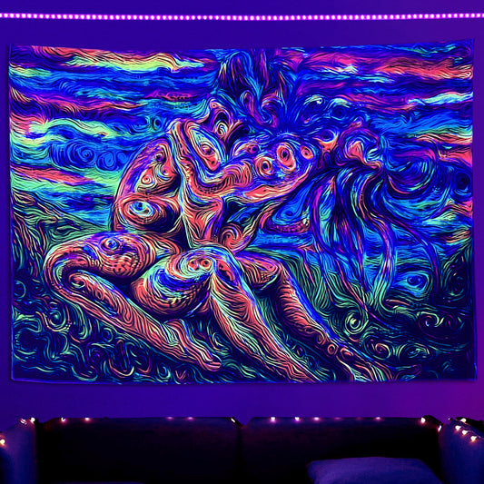 Simpkeely Blacklight Lover Tapestry, Colorful Trippy Abstract Line Art of Love Kiss UV Reactive Neon Tapestries, Hippie Woman Glow in the Dark Wall Hanging Home Décor for Bedroom