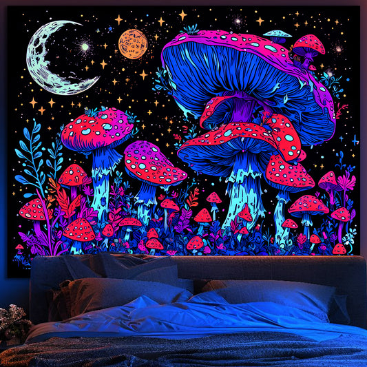 Simpkeely Blacklight Mushroom Tapestry - UV Reactive Glow in the Dark Mystical Night with Moon & Plant Fantasy Wall Hanging for Bedroom & Living Room
